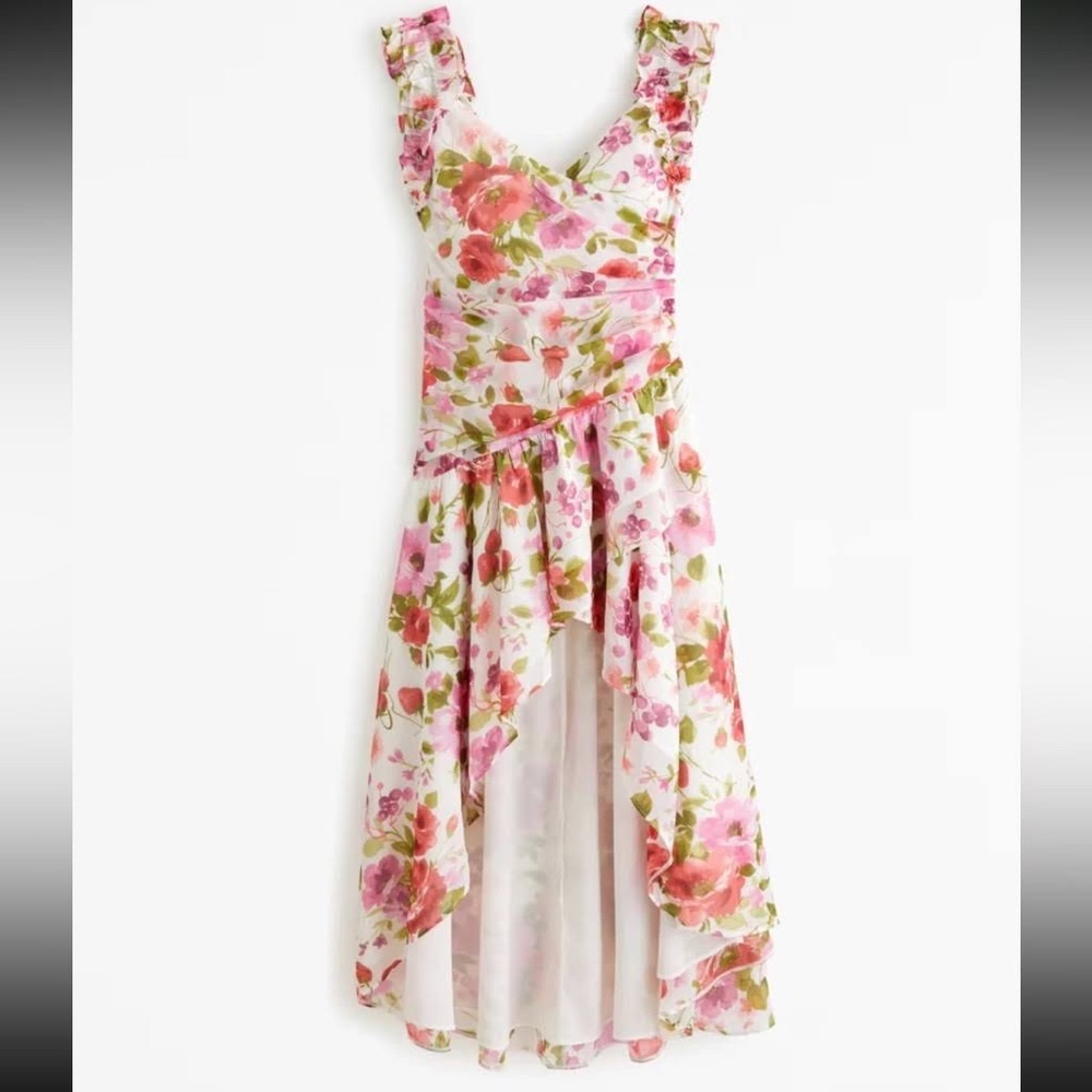 Abercrombie & Fitch Floral Ruffle Strap High-Low Maxi Dress Wedding Guest